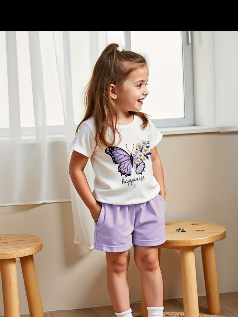 Girls Purple Butterfly 'Happiness' Tee & Shorts Set sz 6-7yrs #1373-616